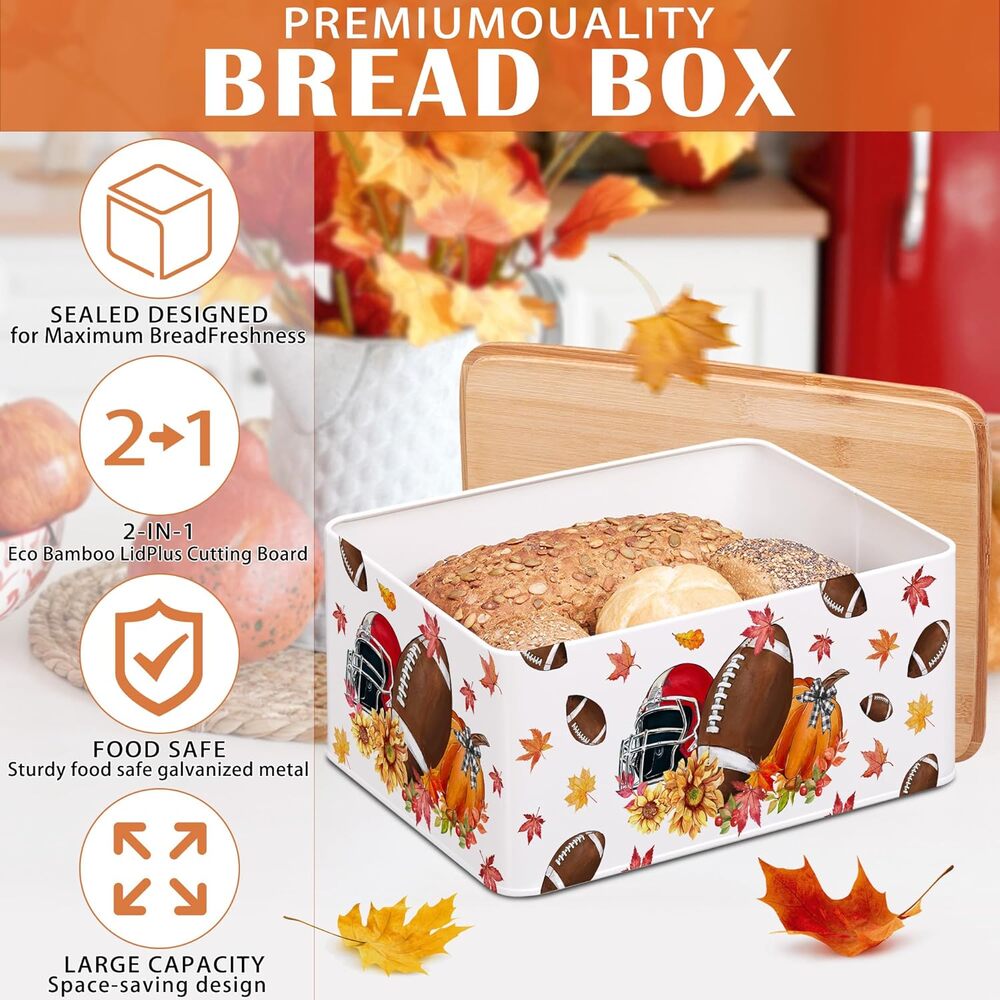 Fall Football Bread/Snack Tin With Cutting Board Lid Thanksgiving Bread Box
